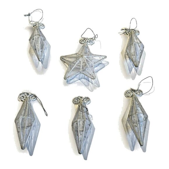 Vintage Christmas Tree Ornament 3D Metal and Glitter 1 Star & 5 Icicles Silver - Picture 1 of 11